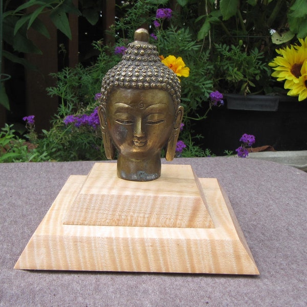 BRASS BUDDHA HEAD,on custom made pedestal of Exotic Tiger maple wood,Buddha on Wood Pedestal,Antique Thailand Buddha on pedestal,Thai Buddha