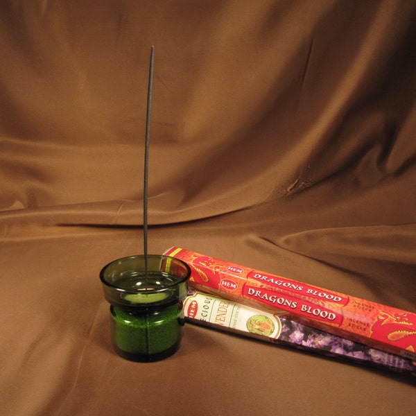 INCENSE HOLDER FROM Salvaged Dansk Candle Holder,Green Glass Incense Holder,Incense Stand of Recycled item. Includes two packs of Incense