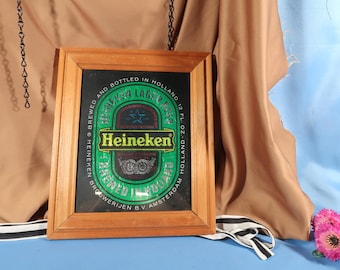 HEINEKEN BAR SIGN, Heineken Glass bar sign with wood frame, Heineken man Cave Bar sign, Bar sign Beer Heineken Bar Vintage Mirror plaque
