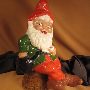 INDOOR GNOME GARDEN, Ceramic 10 inch Gnome Caddy,Gnome Statue hand painted Ceramic Indoor Garen Gnome Efl,Orange and green indoor Garden elf