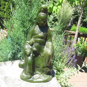 QUAN YIN by BURLINGTON Westwood,15 inch tall Goddess Quan Yin ,The Goddess Quan Yin with child,Vintage large emerald green Kwan Yin,Hallmark