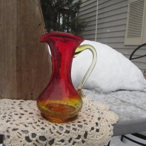 RUBY CRACKLE GLASS Pitcher,vintage Glass Urn style Glass Bottle,Yellow Orange 1970 Crackle Glass Pitcher Urn Vase Bottle, Ruby Red yellow