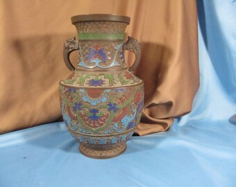 ANTIQUE CLOISONNE VASE, Japan cloisonne Bronze Urn with inlay of semi precious stone,Labis, Turquoise, Coral Malachite