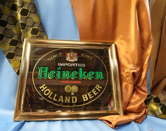 HEINEKEN BAR SIGN, Heineken Mirror bar sign with wood frame, Heineken man Cave Bar sign, Bar sign Beer Heineken Bar Vintage Mirror plaque