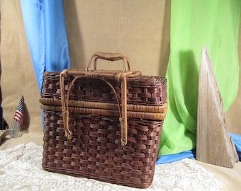 Cesta de picnic antigua, cesta de mimbre vintage, cesta de camping antigua, cesta retro con asas, cesta de almacenamiento antigua, cesta tejida vintage