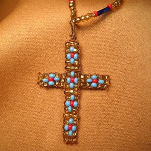 BEADED CROSS NECKLACE, 23Inch necklace of beads and crucifix, unique necklace and cross of red and blue beads, one of a kind cross necklace