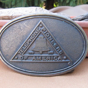VINTAGE BELT BUCKLE, Antique Telephone Pioneers of America Brass Belt Buckle,Brass Buckle,Vintage Historical Telephone company memorabilia