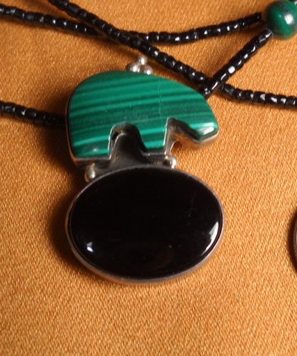MALACHITE BEAR with ONYX in silver on a multi-strand 17 inch necklace, native American Style Bear on Silver strung on Glass beads,Bear Image
