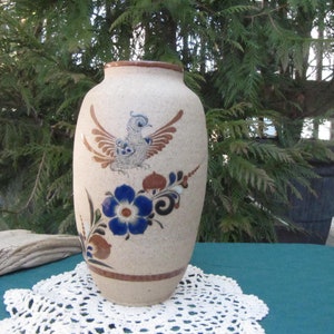 TONALA MEXICO VASE,Tonala Ceramic Stoneware Vase with Owl and Floral Design,Mexico handpainted signed Mexico,Antique Handpainted Tonala Vase