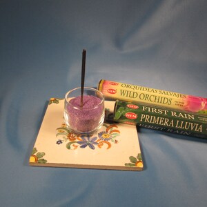 ANTIQUE PORCELAIN TILE repurposed into incense holder,Purple Lovers Incense holder with jar, purple sand and two packs of Incense from India