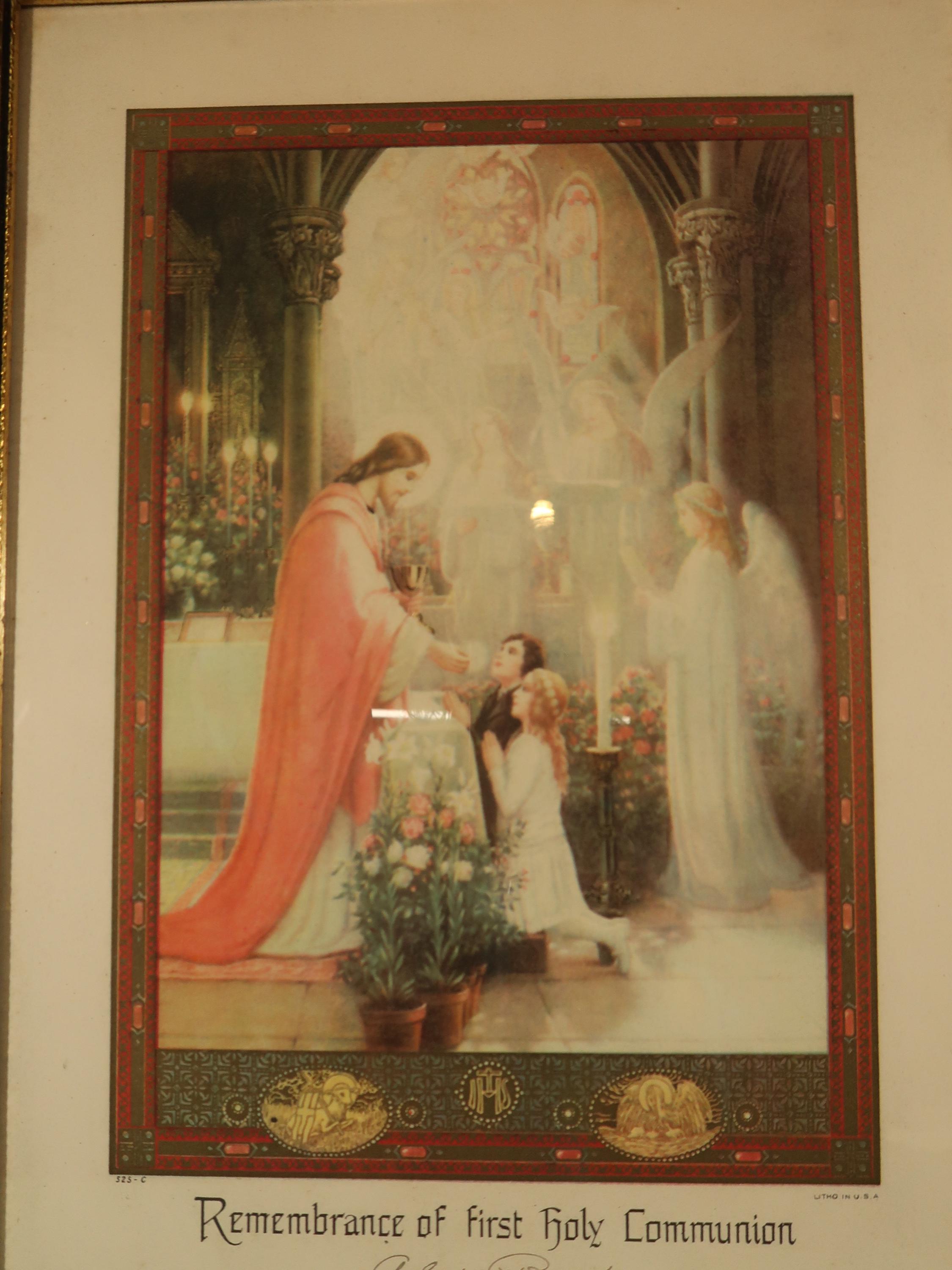 1936 FIRST HOLY COMMUNION Litho, Personal Remebrance of My first Holy Communion Litho under Glass made in American, Antique Christian Litho