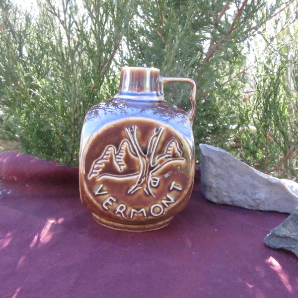 VERMONT FOLK ART Jug,Pioneer Jug ,Empty Whiskey Bottle,Vermont Vermont Brown glaze 5 inch tall stoneware jug, Small Vermont souvenir jug