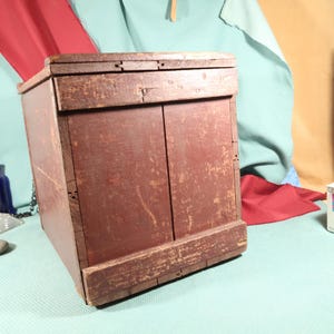 ANTIQUE WOOD BOX, Antique wood chest with lid, rustic Very old wood box, Folk Art Homemade Box with latch, Old Barn Like Box Chest with Lid
