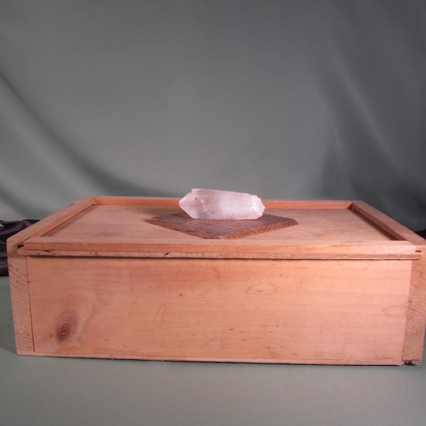 REPURPOSED BOX with QUARTZ Crystal, Vintage Box with slide lid embellished with large quartz Crystal,Keepsake sacred object box with crystal