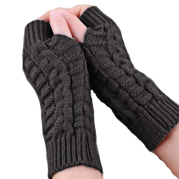 Cozy Fingerless Knit Gloves Grey Gray Cable Knit Texting Driving Photos Phone Wrist Warm Gloves Mittens Winter Office Cute Trendy