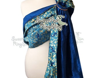 Indian Sari SILK Ring Sling  Double Layer, Reversible, Dupioni SweetPea Ring Sling Baby Carrier Wrap Reversible Made in the USA Blue