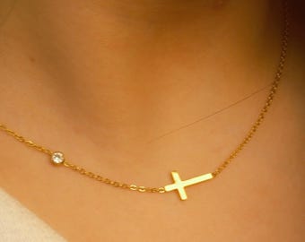 Gold Sideway Cross Necklace, Dainty Cross Necklace, Tarnish Free, Silver or Gold, Birthday Gift, Christmas Gift, Tiny Gold Cross