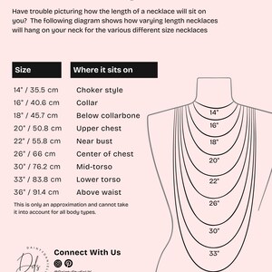 May include: A necklace length guide with a diagram showing how different necklace lengths, from 14 inches (35.5 cm) to 36 inches (91.4 cm), will sit on the body. The guide includes measurements and where each length falls.
