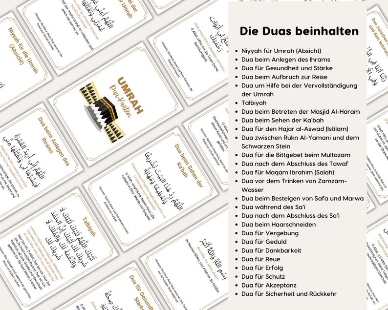 May include: A white card with gold trim and Arabic text. The card has a graphic of the Kaaba, a cube-shaped building in Mecca, Saudi Arabia. The card is titled "Umrah Dua-Haftler". The text on the card reads "Die Duas beinhalten" and lists a series of prayers in Arabic and German.