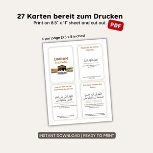 May include: Printable cards for Umrah, a pilgrimage to Mecca. The cards feature Arabic text and illustrations of the Kaaba, the cube-shaped building at the center of Islam's holiest mosque. The cards are designed to be printed on 8.5 x 11 inch paper and cut out.  There are 27 cards in total, with 4 cards per page.