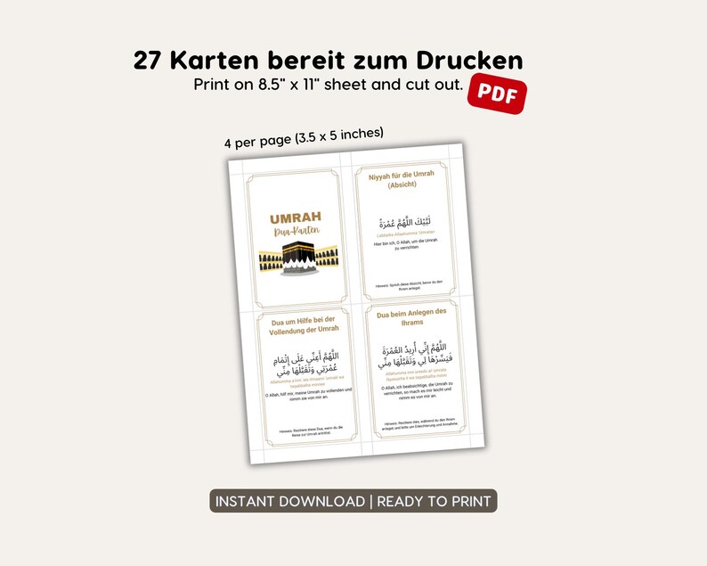 May include: Printable cards for Umrah, a pilgrimage to Mecca. The cards feature Arabic text and illustrations of the Kaaba, the cube-shaped building at the center of Islam's holiest mosque. The cards are designed to be printed on 8.5 x 11 inch paper and cut out.  There are 27 cards in total, with 4 cards per page.