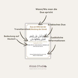 May include: A printable Islamic prayer card in brown and white with Arabic text, transliteration, and translation in German. The card is titled "Dua um Hilfe bei der Vollendung der Umrah" and includes the Arabic text "Allahumma a'inni 'ala itmaami 'umrati wa taqabbalha minni".