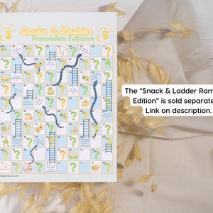 May include: A blue and yellow game board with a snake and ladder design. The board is titled "Snake & Ladder Ramadan Edition".