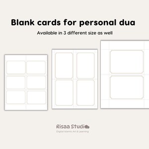 May include: Three blank cards with different sizes and borders. The cards are for writing personal duas, or prayers. The text on the image reads "Blank cards for personal dua" and "Available in 3 different size as well".