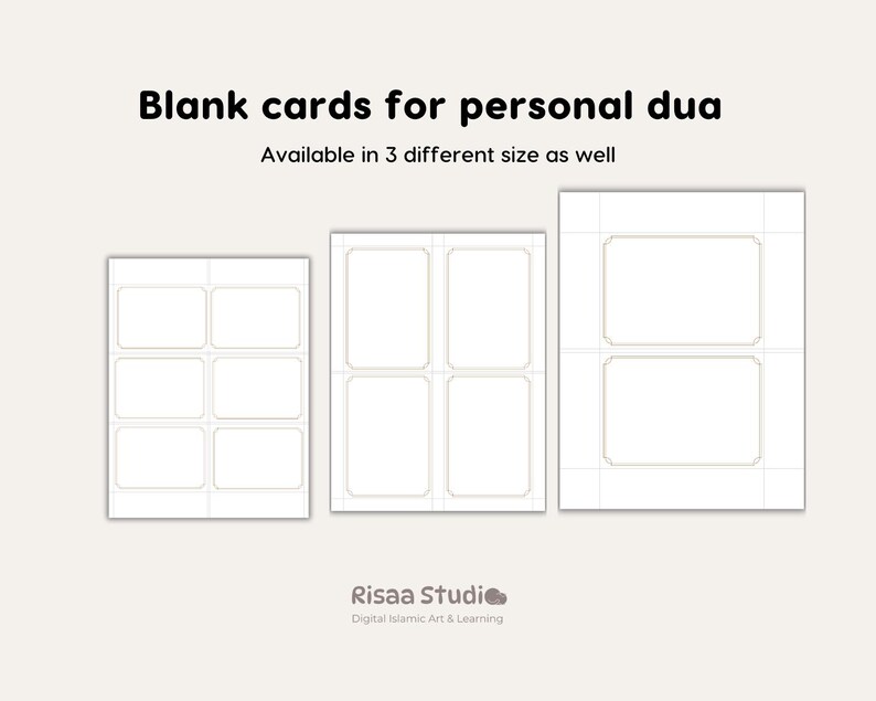May include: Three blank cards with different sizes and borders. The cards are for writing personal duas, or prayers. The text on the image reads "Blank cards for personal dua" and "Available in 3 different size as well".