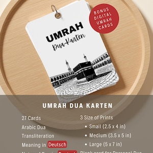May include: A white card set with the words "UMRAH Dua-Karten" in black, featuring an illustration of a mosque. Includes 27 cards, Arabic Dua, transliteration, and meaning in Deutsch. Bonus digital Umrah cards are included.