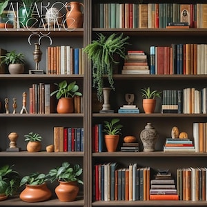 Puede incluir: Una estantería de madera marrón oscuro llena de libros de varios tamaños y colores. Las plantas en macetas se colocan en los estantes, agregando un toque de vegetación. También hay jarrones y figuras decorativas, creando un ambiente acogedor y acogedor.