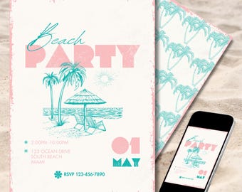 Könnte beinhalten: Eine rosafarbene und türkisfarbene Einladung zu einer Strandparty mit einer Palmenillustration, Strandstühlen und einem Sonnenschirm. Die Einladung enthält das Datum "01 MAI" und den Text "Beach Party".