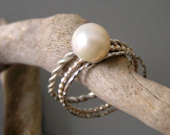 Pearl sterling silver stacking rings. White freshwater pearl stack ring. Pearl stackable ring.