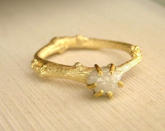 Raw Diamond Engagement Ring, Rough Diamond Ring in 14k solid Gold Twig Ring, Unique Nature Inspired Engagement Ring. Uncut Diamond Ring