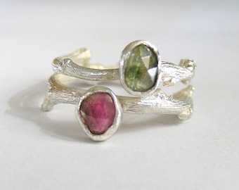 Double Tourmaline Sterling Silver Twig Open Ring. Multistone twig ring.