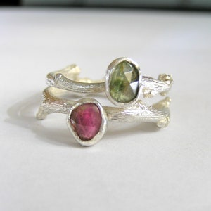 Double Tourmaline Sterling Silver Twig Open Ring. Multistone twig ring.