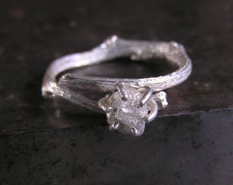 Raw Diamond Engagement Ring, Rough Diamond Ring in Sterling Silver Twig Ring, Unique Nature Inspired Engagement Ring. Uncut Diamond Ring