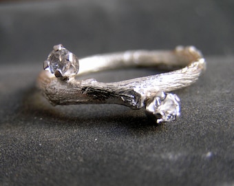 Two gemstone silver twig white topaz ring. Double Gemstone twig ring. Round diamond cut topaz. Contemporary engagement ring