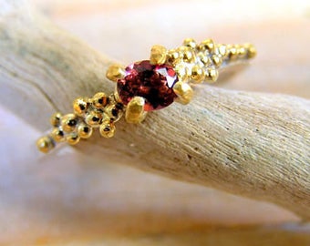 Pink Tourmaline Sterling Silver Ring with Gold Plated granules. Engagement Ring. Nature inspired cluster ring.