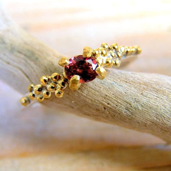 Pink Tourmaline Sterling Silver Ring with Gold Plated granules. Engagement Ring. Nature inspired cluster ring.