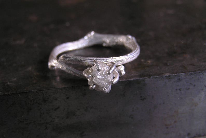 Raw Diamond Engagement Ring, Rough Diamond Ring in Sterling Silver Twig Ring, Unique Nature Inspired Engagement Ring. Uncut Diamond Ring image 1