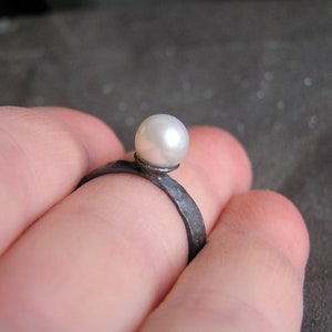 Pearl ring. Oxidized sterling silver pearl ring. White pearl silver ring. image 2