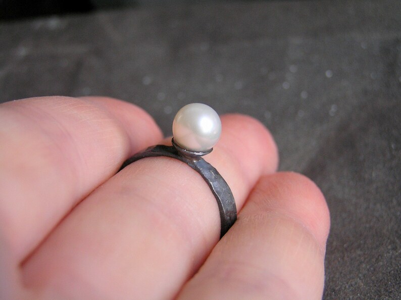 Pearl ring. Oxidized sterling silver pearl ring. White pearl silver ring. image 2