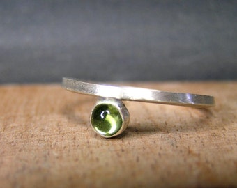 Green Natural Peridot Round Cabochon and Square Sterling Silver Ring