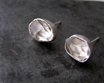 Herkimer diamond stud earrings. Raw Crystal Sterling Silver Earrings, Raw Stone Earrings.