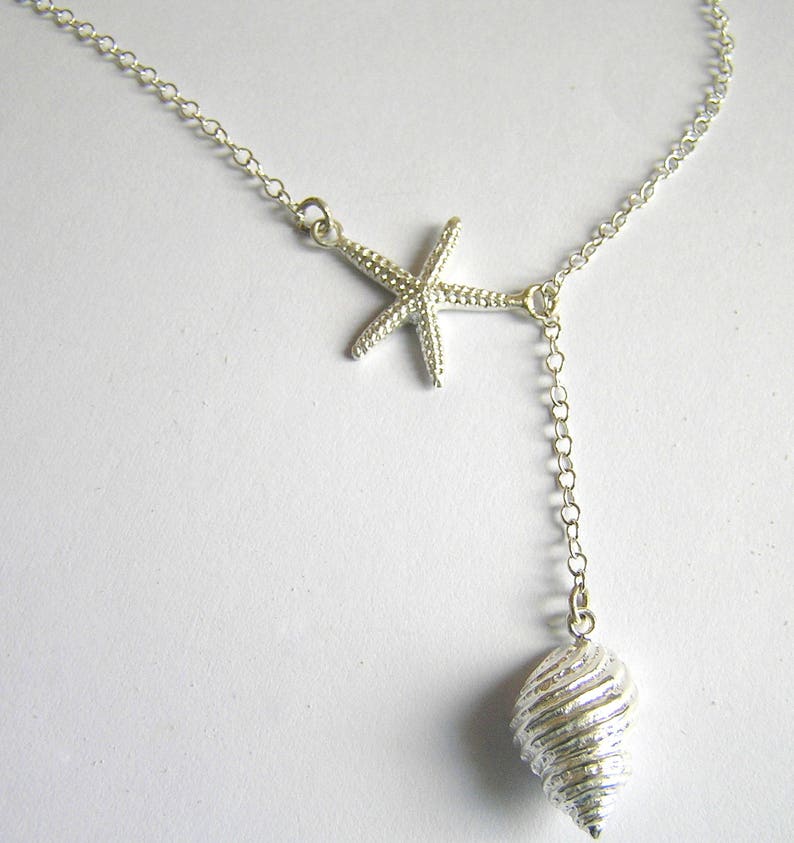 Sterling Silver Starfish and Seashell Lariat Necklace. Etsy