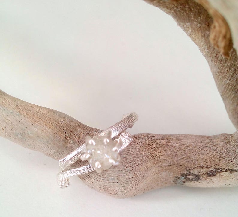 Raw Diamond Engagement Ring, Rough Diamond Ring in Sterling Silver Twig Ring, Unique Nature Inspired Engagement Ring. Uncut Diamond Ring image 2