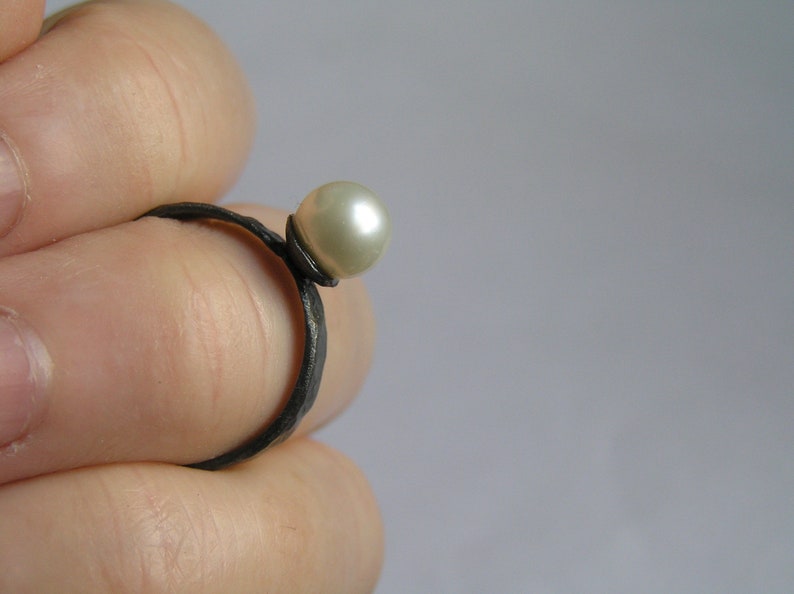 Pearl ring. Oxidized sterling silver pearl ring. White pearl silver ring. image 6