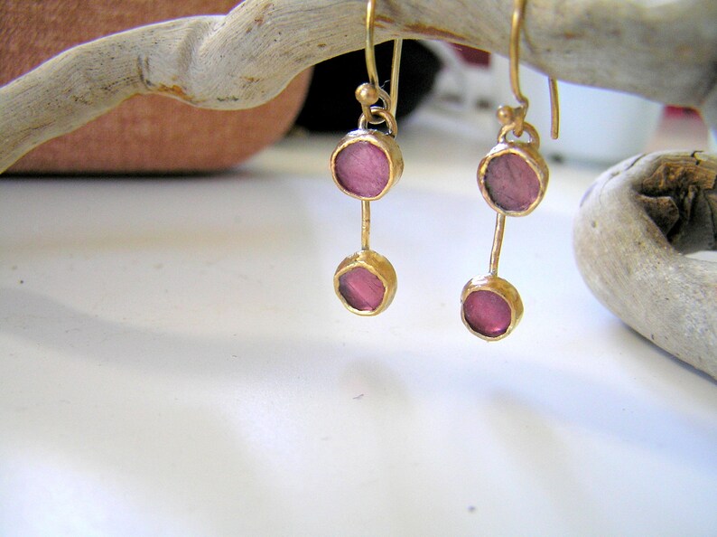 Tourmaline gold plated sterling silver dangle earrings. image 2