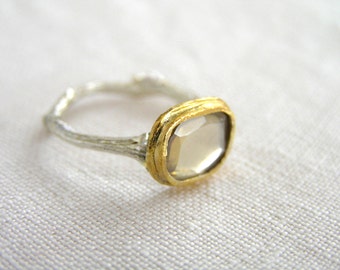Moissanite Engagement Ring. Sterling Silver Branch Tree Rose Cut Sparkling Moissanite Slice Engagement Ring. Botanical jewelry.